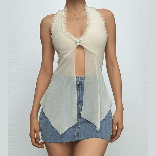 Top de malla con bordado de mariposa, volante y dobladillo de encaje halter