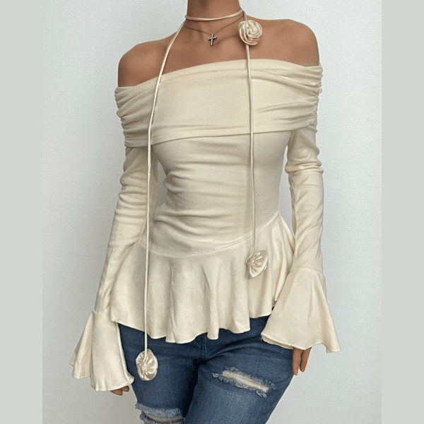 Off shoulder ruffle flower applique long flared sleeve ruched top
