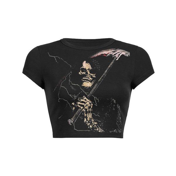 Death skeleton print slant pockets Baby Tee