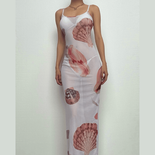 Sheer mesh flower print cami maxi dress