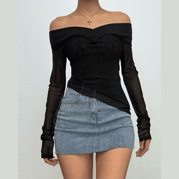 Long sleeve off shoulder mesh ruffle irregular top