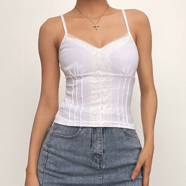 Stitch v neck lace hem backless solid cami top