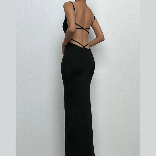 Lace up backless slit solid cami maxi dress