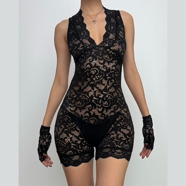 Deep v neck lace gloves see through romper