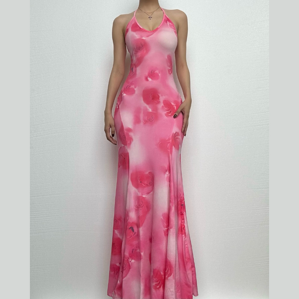 Halter rose print u neck backless self tie maxi dress