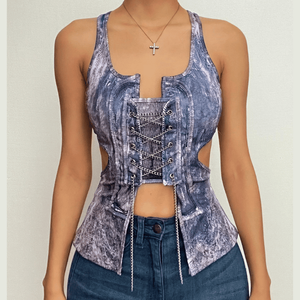 Metal chain lace up sleeveless hollow out contrast print crop cut out top