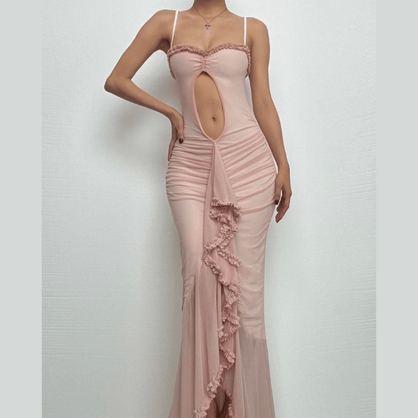 Ruffle ruched lace hem hollow out cami cut out maxi dress