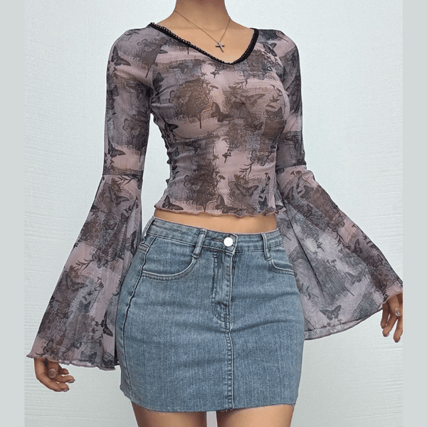 Long flared sleeve butterfly print sheer mesh top