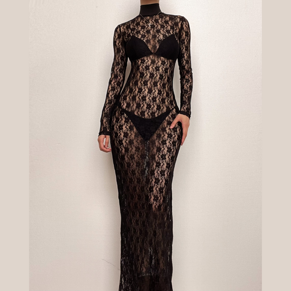 Long sleeve see through high neck lace maxi dress