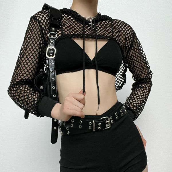 Fishnet hollow out solid long sleeve hoodie shrug cut out top