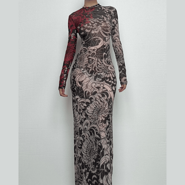 Long sleeve high neck print sheer mesh maxi dress