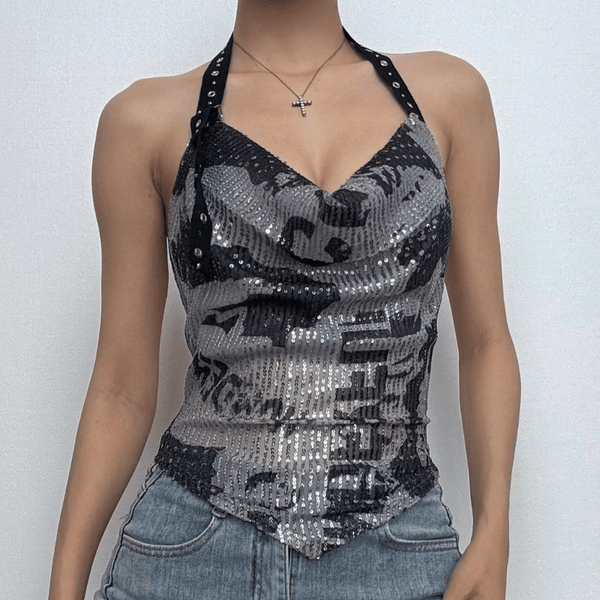 Top con estampado de hebilla brillante y cuello vuelto halter