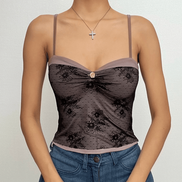 Lace ruched sweetheart neck contrast cami top
