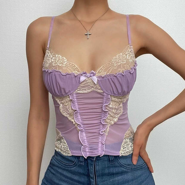 Lace hem contrast ruffle ruched patchwork cross back crop top