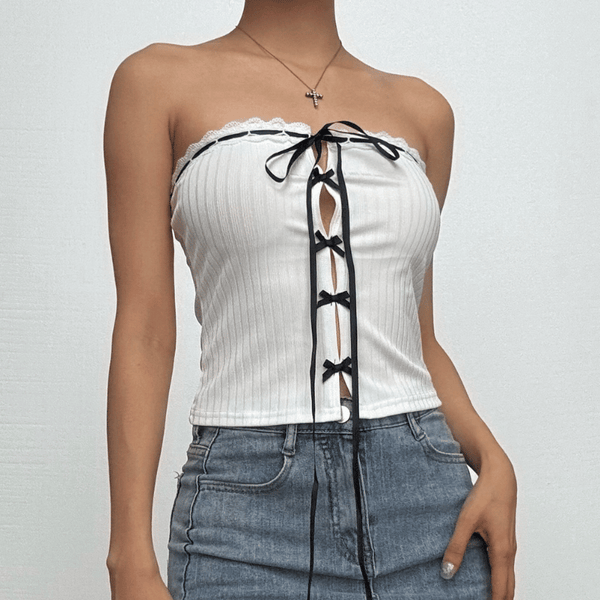 Bowknot ribbon ribbed lace hem backless tube top