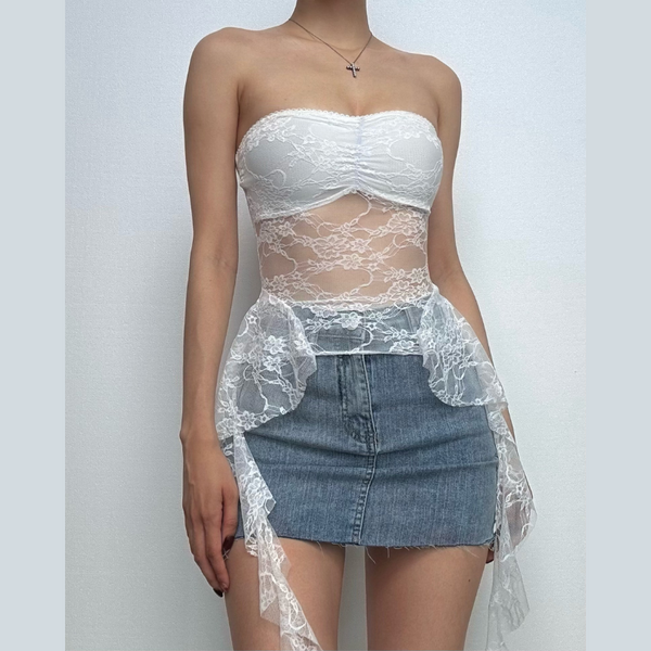 Ruffle lace backless solid tube top