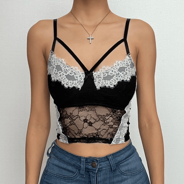 Lace patchwork contrast ruffle mesh backless cami crop top