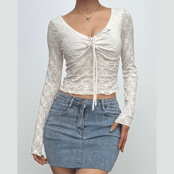 Long sleeve drawstring ruched lace ruffle top