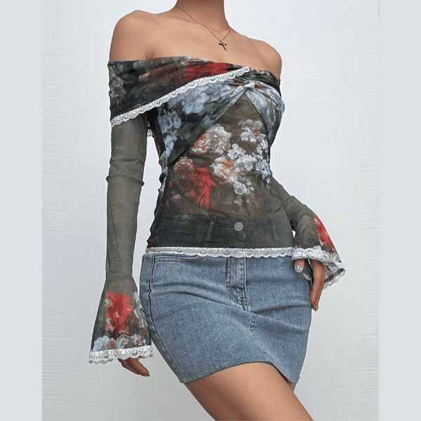 Long flared sleeve off shoulder sheer mesh print lace top