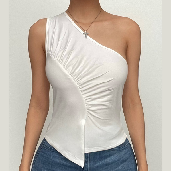 One shoulder ruched irregular solid backless top