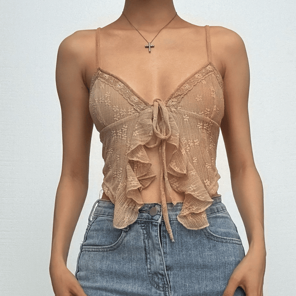 Ruffle textured v neck lace hem cami top