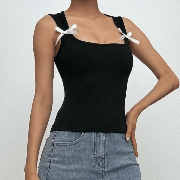 Bowknot square neck contrast sleeveless tank top