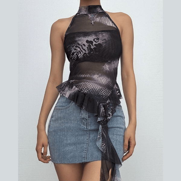 Top irregular de malla con estampado de volantes halter