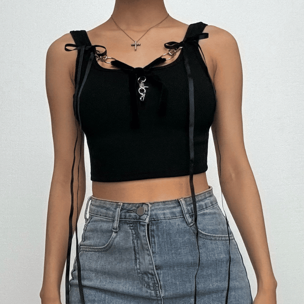 Bowknot ribbon heart applique ribbed crop top