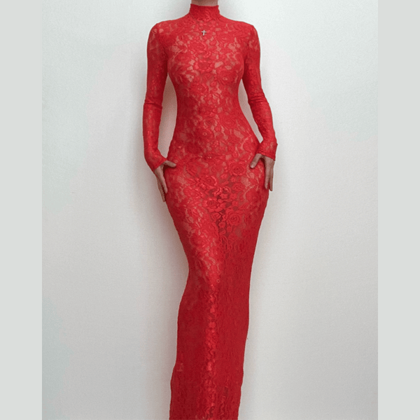 Long sleeve high neck see through lace maxi dress