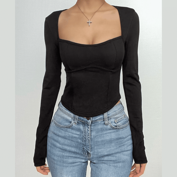 Ribbed long sleeve heart neck solid corset top