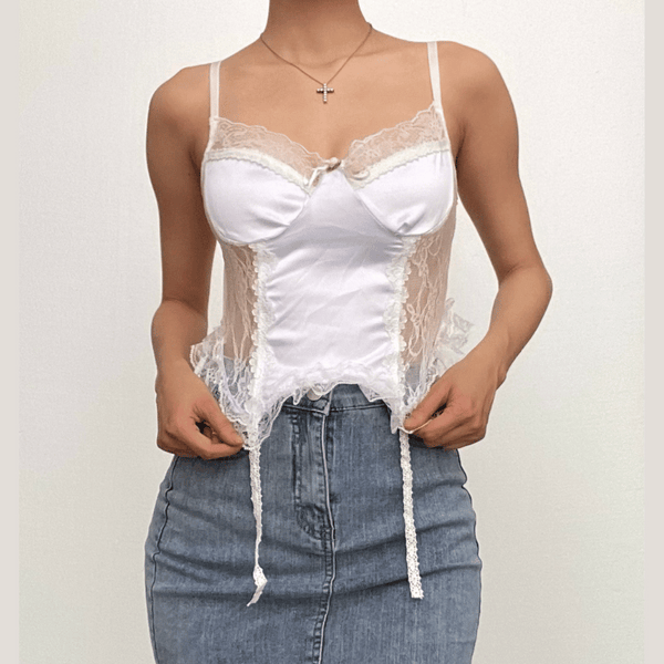 Satin patchwork lace bowknot ruffle ruched cami top