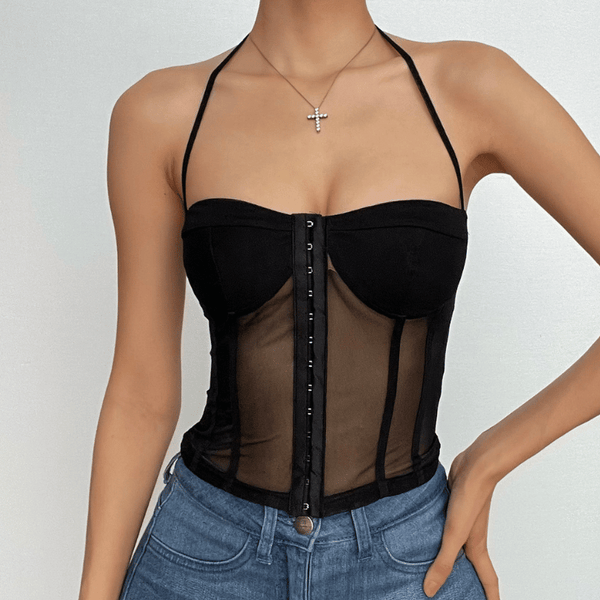 Button mesh backless solid corset halter self tie top