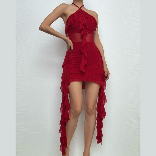 Halter sheer mesh ruffle backless mini dress