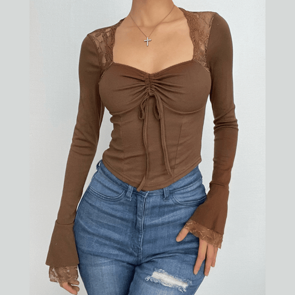 Long flared sleeve drawstring ruched lace top