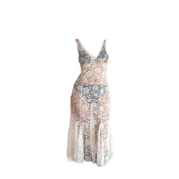 Sleeveless v neck rose pattern lace see through midi dress