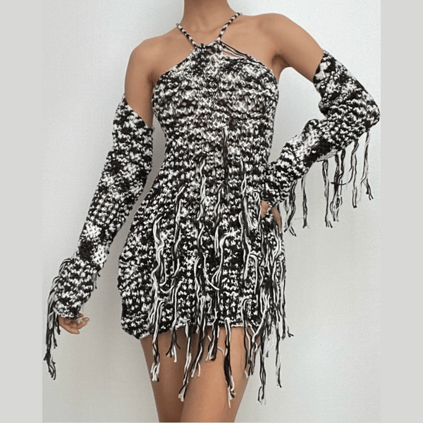 Long sleeve knitted tassels cross back contrast mini dress