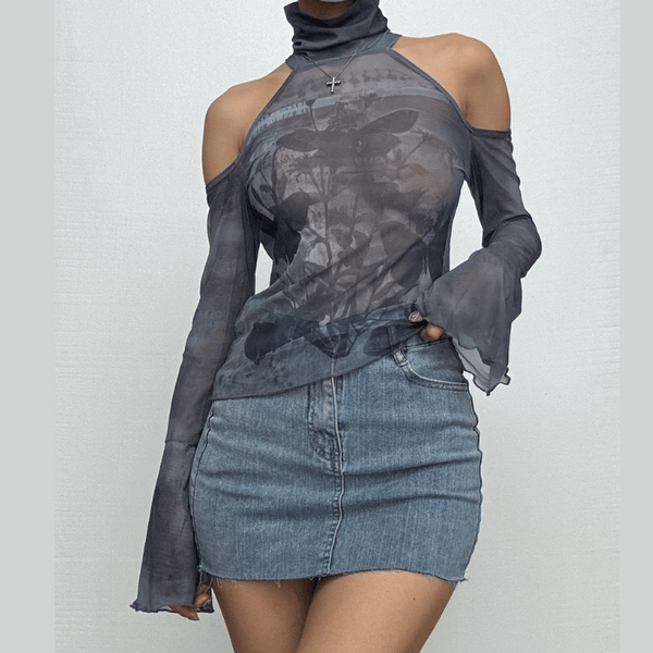 Long flared sleeve high neck sheer mesh print off shoulder top