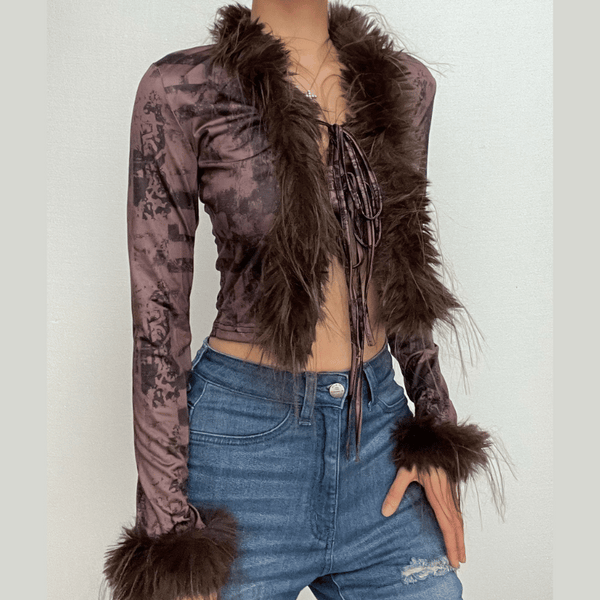 Feather patchwork long sleeve contrast self tie top