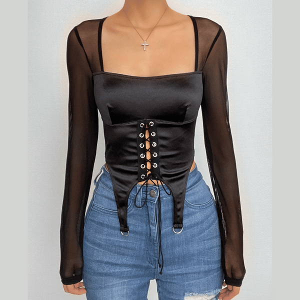 Lace up square neck mesh long sleeve crop top