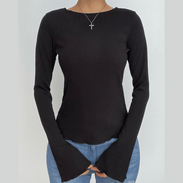 Long flared sleeve crewneck ribbed ruffle solid top