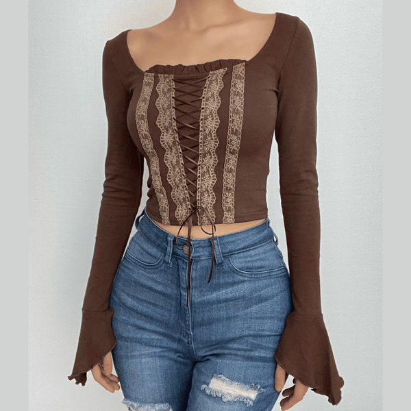 Lace up long flared sleeve ruched lace hem ruffle crop top