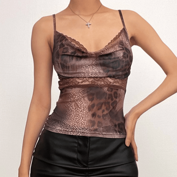 Ruched cowl neck lace patchwork backless cami top