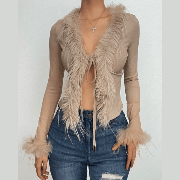 Long sleeve v neck furry ribbed self tie solid top