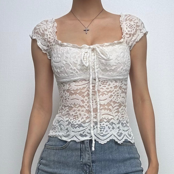 Cap sleeve square neck bowknot lace ruffle top