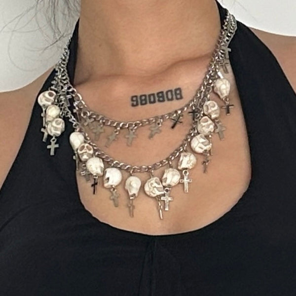 Skull pendant layered metal chain choker necklace