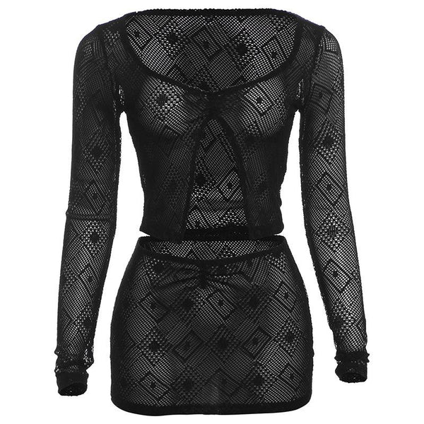 See through hollow out slit long sleeve mini skirt set