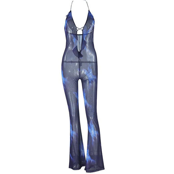 Halter ruffle sheer mesh backless print jumpsuit