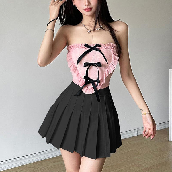 Heart pattern ruffle bowknot textured tube top