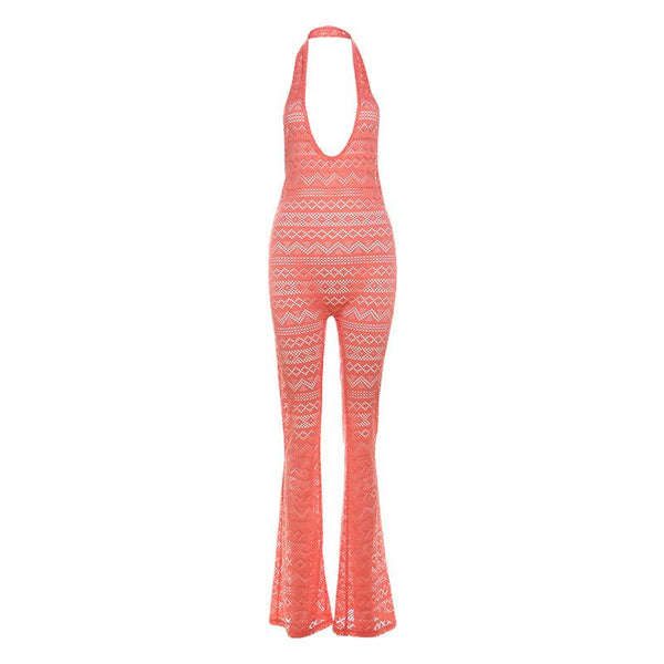 Halter low cut hollow out see through backless jumpsuit