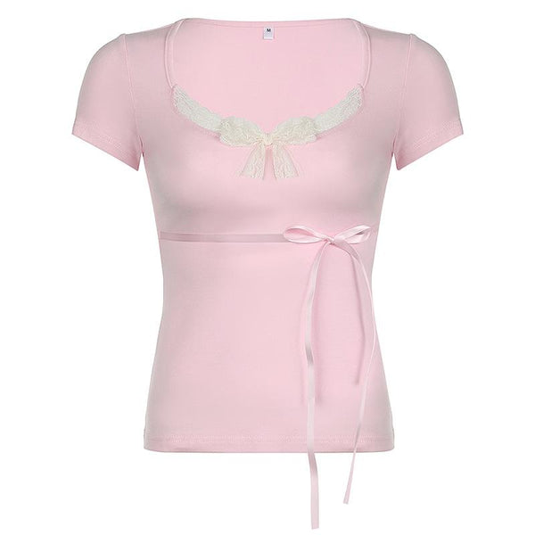 Short sleeve u neck bowknot lace hem top